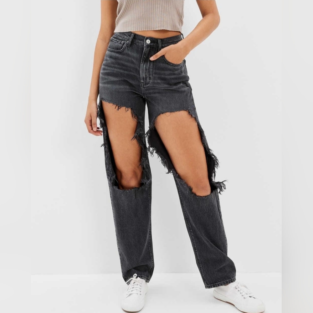 NWT American Eagle AE Ripped Highest Waist Baggy Straight Jean in Black Wash